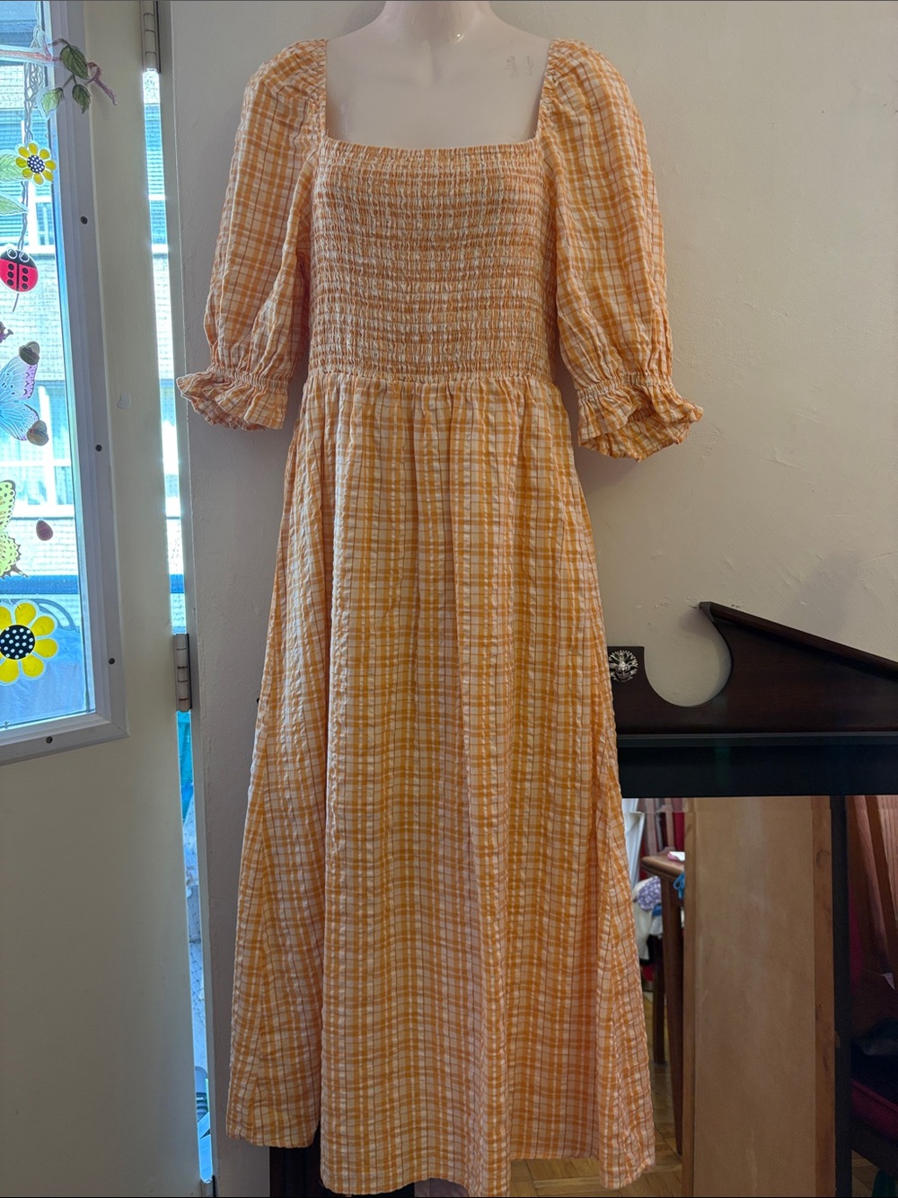 Smocked Square-Neck Maxi Dress in Yellow Plaid